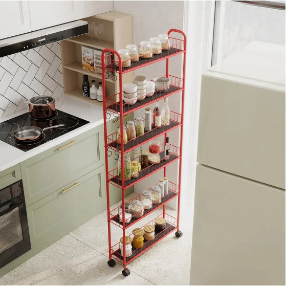 6-Tier Rolling Cart Gap Kitchen Slim Slide Out Storage Tower Rack With Wheels,Baskets,6 For Kitchen,Bathroom Laundry Narrow Piaces Utility Cart,Red