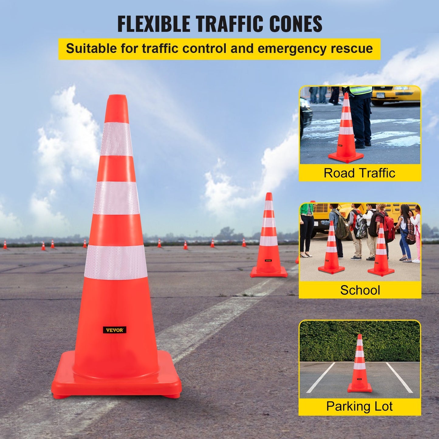 VEVOR Safety Cones,6x36Traffic Cones, PVC Orange Construction Cones, Reflective Collars Traffic Cones With Weighted Base Used For Traffic Control, Driveway Road Parking And School Improvement