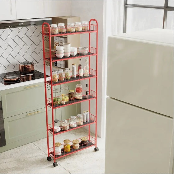 6-Tier Rolling Cart Gap Kitchen Slim Slide Out Storage Tower Rack With Wheels,Baskets,6 For Kitchen,Bathroom Laundry Narrow Piaces Utility Cart,Red