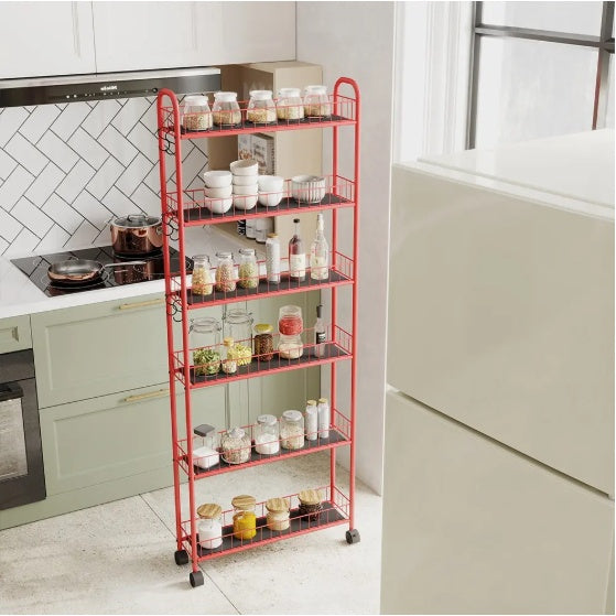6-Tier Rolling Cart Gap Kitchen Slim Slide Out Storage Tower Rack With Wheels,Baskets,6 For Kitchen,Bathroom Laundry Narrow Piaces Utility Cart,Red