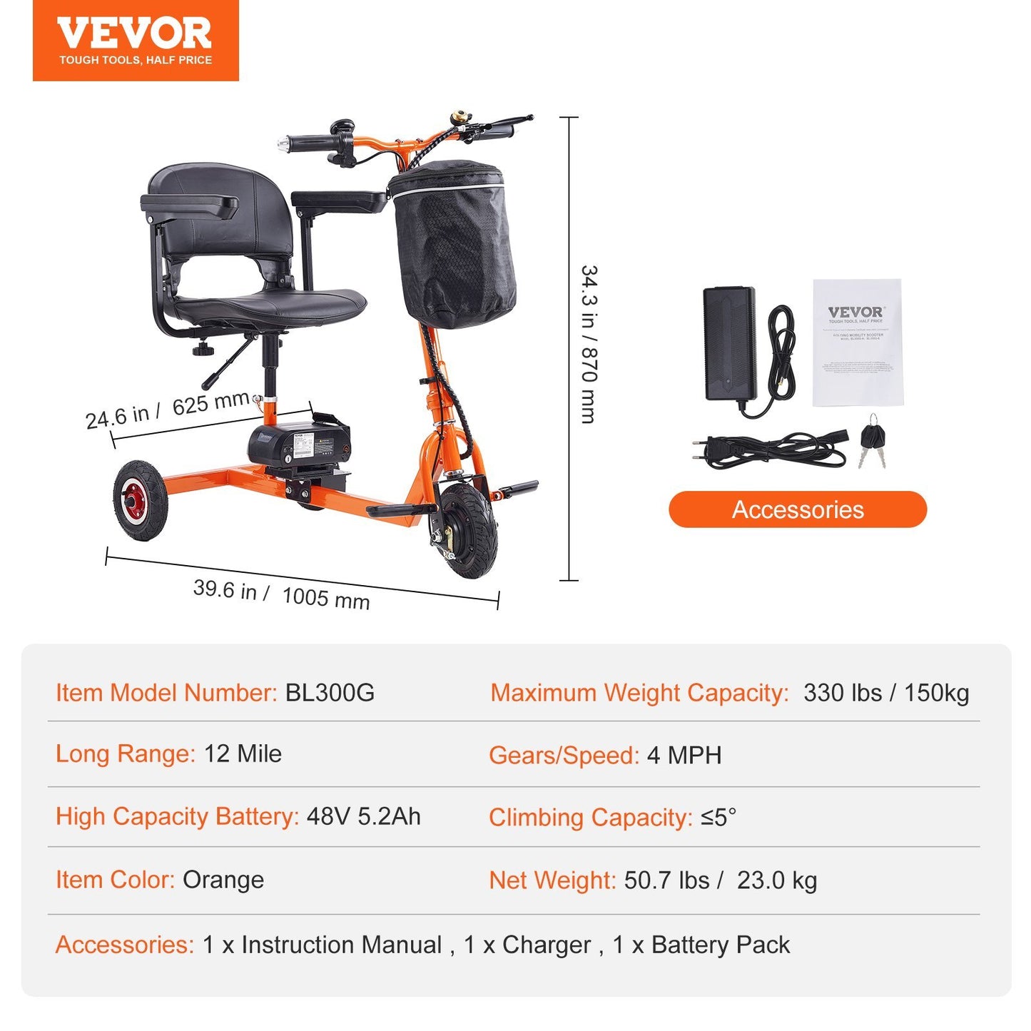 Foldable 3-Wheel Mobility Scooter for Seniors